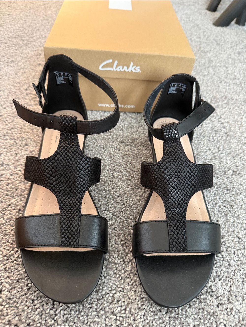 Clarks Black Women’s T-Strap Ankle Sandals